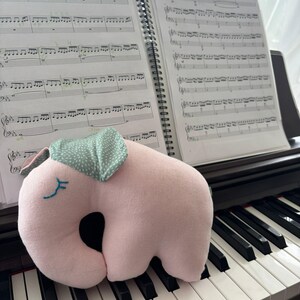 Pode incluir: Um elefante de pelúcia rosa com uma orelha estampada verde e um olho bordado azul repousa sobre um teclado de piano. Partituras são visíveis ao fundo, com o título "Before The Storm" no topo.