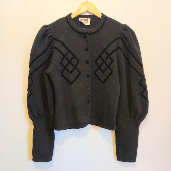 Vintage 80s Astrifa Wool Cardigan | Black Puff Sleeve Folk Sweater (Size 10)