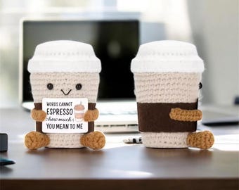 Handmade Crochet Coffee Buddy Plush – Funny Desk Decor Gift