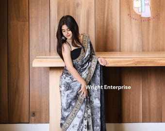 Georgette Saree, digitale print met borduurrand, ongestikte blouse
