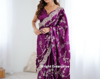 Bollywood Silk Saree With Embroidery Sequence Work Bridal Heavy Sari Wedding Party