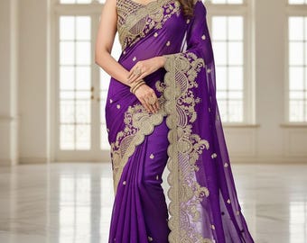 Geborduurde zijden sari, Bollywood-bruidssari met bijpassende blouse, designer
