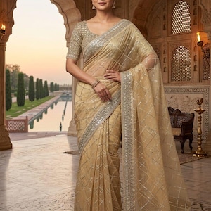 Embroidered Net Sari with Blouse Bollywood Bridal Pakistani Party Wear