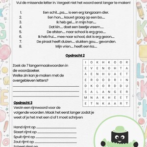 May include: A Dutch language worksheet titled "Langermaakwoord" with exercises to complete words, find words in a grid, and rhyme. The page has colourful illustrations and a cartoon character.