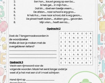 May include: A Dutch language worksheet titled "Langermaakwoord" with exercises to complete words, find words in a grid, and rhyme. The page has colorful illustrations and a cartoon character.