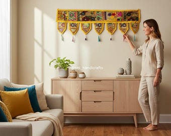 Vintage Indian Patchwork Toran, Bohemian Door Hanging Valance, 80x14