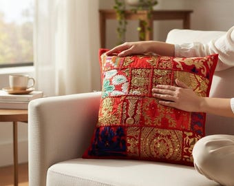 Indian Patchwork Pillow Cover, Embroidered Cotton Cushion, 16x16
