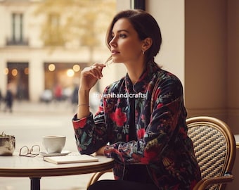 Handmade Velvet Bird Print Jacket, Black Boho Coat