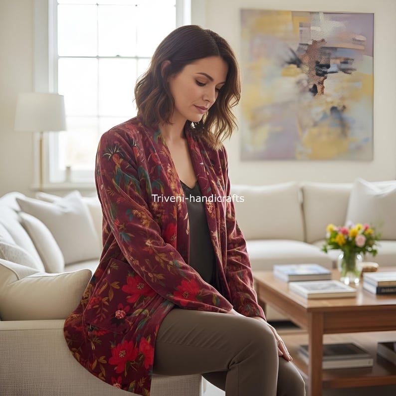 May include: A burgundy velvet jacket with a floral pattern featuring red flowers and green leaves. The open-front jacket is knee-length and has long sleeves. The text "Triveni-handicrafts" is visible on the jacket.