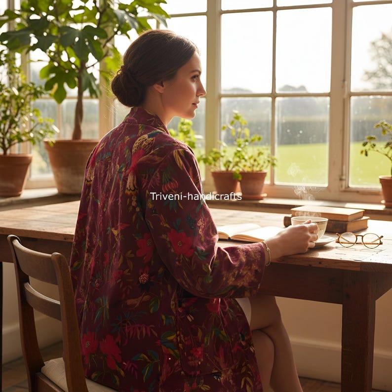 May include: A burgundy floral print robe with long sleeves. The robe is worn by a person sitting at a wooden table, holding a cup of tea. The text "Triveni-handicrafts" is visible on the robe.