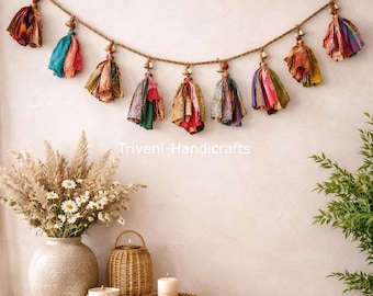 Rustic Jute Bell Garland - Handmade Fabric Pennant Boho Wall Hanging