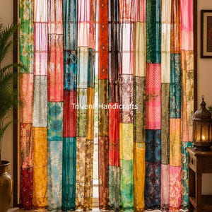 Boho Skira Gardiner Vintage Sidensari Patchwork Panel Färgglada Fönstergardiner Vardagsrumsinredning