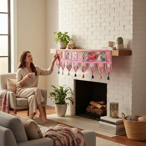 Vintage Patchwork Toran, Bohemian Door Hanging, Indian Valance (40/80 Inch) Pink