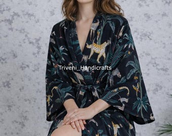 Reversible Black Color Forest Print Velvet Kimono Robe, Long Kimono Bathrobe