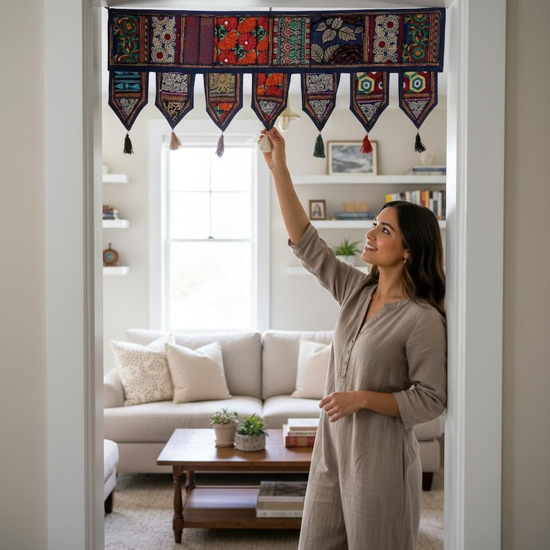 May include: A colorful, embroidered door valance with a dark blue border and decorative tassels. The valance features a patchwork design with various patterns and colors, adding a bohemian touch to the doorway. The valance is hung in a doorway.