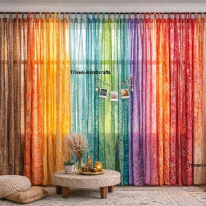 Boho-vitrages Vintage zijden sari-patchworkpaneel Kleurrijke raamgordijnen Woonkamerdecoratie