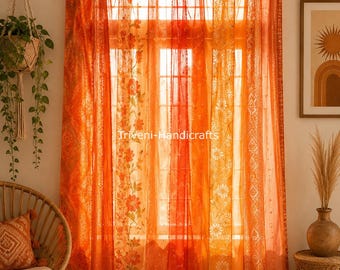 Cortinas transparentes estilo boho, panel de patchwork de seda vintage estilo sari, cortinas coloridas para ventanas, decoración de sala de estar