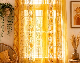 Cortinas transparentes estilo boho, panel de patchwork de seda vintage estilo sari, cortinas coloridas para ventanas, decoración de sala de estar