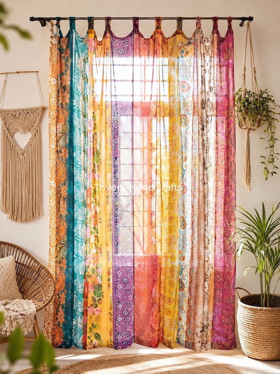 Boho Sheer Curtains Vintage Silk Sari Patchwork Panel Colorful Window Drapes Living Room Decor