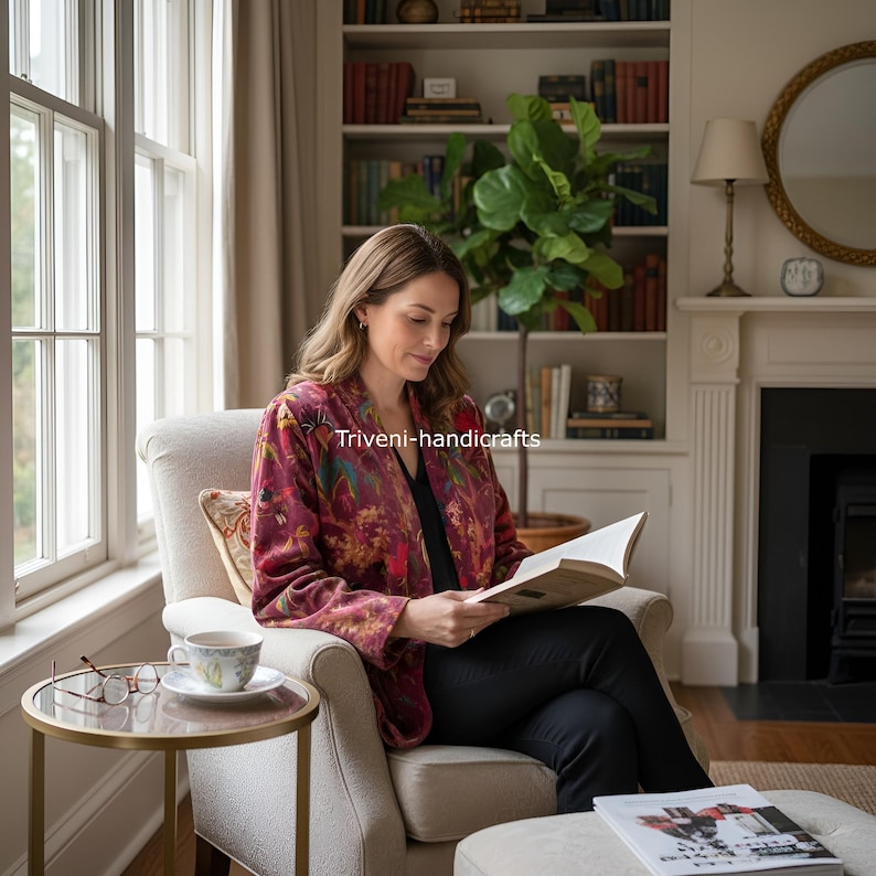 May include: A woman seated in a cream-colored armchair, reading a book. She wears a burgundy floral print jacket. A small side table holds a teacup and eyeglasses. The text "Triveni-handicrafts" is visible on the jacket.