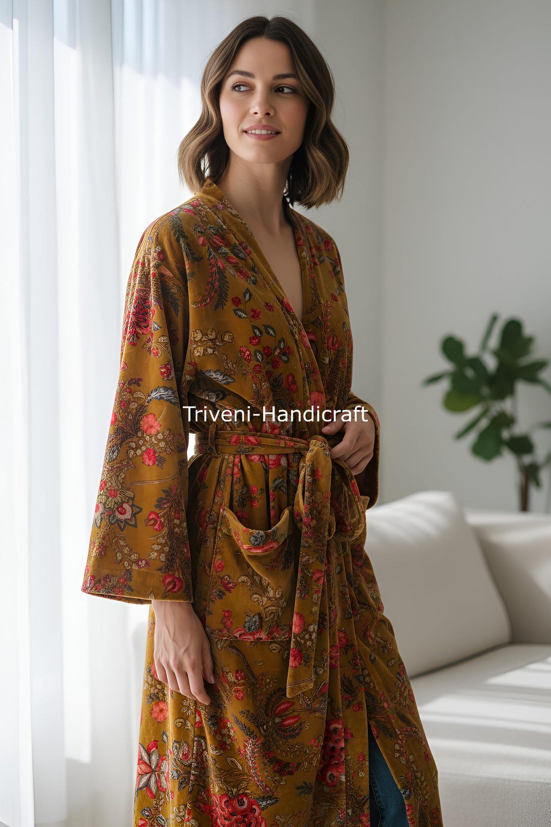 Mustard Yellow Robe Reversible Mustard Color Floral Velvet Kimono Robe, Long Kimono ...