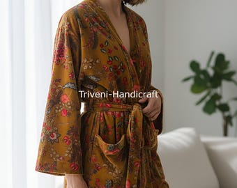 Reversible Mustard Color Floral Velvet Kimono Robe, Long Kimono Bathrobe