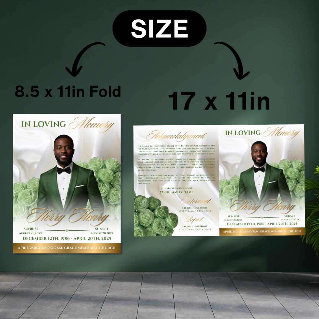 Green & Gold Roses Funeral Program Template: 8-page Memorial (canva PDF ...