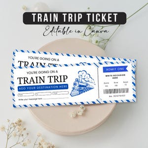 May include: Two blue and white train trip tickets with the text "TRAIN TRIP" and "ADD YOUR DESTINATION HERE". The tickets have a vintage train illustration and the text "ADMIT ONE". The tickets are on a white background.