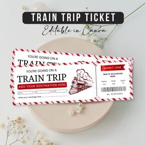 May include: Two train trip tickets with a red and white striped border. The tickets have text that reads "TRAIN TRIP" and "ADD YOUR DESTINATION HERE". A vintage train illustration is on the right side of the ticket. The top banner says "TRAIN TRIP TICKET" and "Editable in Canva".