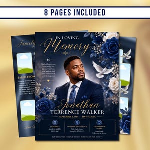 Puede incluir: Una plantilla de programa funerario de 8 páginas. La portada muestra el retrato de un hombre con traje, rosas azul marino y blancas, y una paloma blanca. El texto incluye IN LOVING MEMORY, JONATHAN TERRENCE WALKER y los detalles.