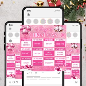 May include: A pink graphic promoting a "12 Days of Christmas" sale, displayed on three smartphones. The design includes pink ornaments, bells, and snowflakes, with daily deals listed for December.