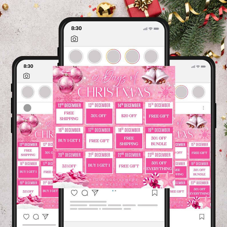 May include: A pink graphic promoting a "12 Days of Christmas" sale, displayed on three smartphones. The design includes pink ornaments, bells, and snowflakes, with daily deals listed for December.
