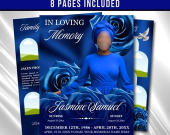 Royal Blue Roses Funeral Program Template: 8-Page Memorial (Canva PDF)