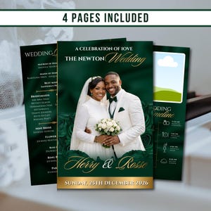 May include: A wedding invitation suite with a dark green and gold design. The invitation features a photo of a smiling couple and the text "A Celebration of Love" and "Herry & Rosse". The text "4 Pages Included" is at the top.