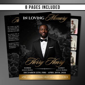 Könnte beinhalten: Eine Gedenkanzeige mit dem Text "8 Seiten enthalten" und "In Loving Memory". Das Design zeigt ein Porträt eines Mannes in einem schwarzen Anzug und einer Fliege, mit floralen und Wolkenakzenten. Die Anzeige enthält Daten und den Namen einer Kirche.