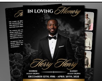 Black & Gold Roses Funeral Program Template: 8-Page Memorial (Canva PDF)