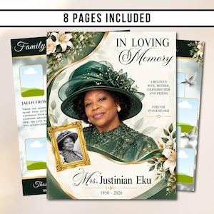May include: An 8-page funeral program template featuring a portrait of a person in a dark green hat and dress. Text includes IN LOVING MEMORY, A BELOVED WIFE, MOTHER, GRANDMOTHER AND FRIEND, FOREVER IN OUR HEARTS, Mrs. Justinian Eku, and 1950-2026.