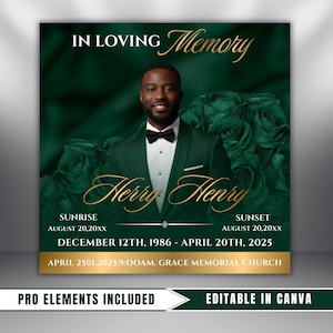 May include: A memorial graphic with a portrait of a man in a green suit and bow tie, with the text "In Loving Memory" and the name "Herry Henry" in gold script. Includes dates and times.