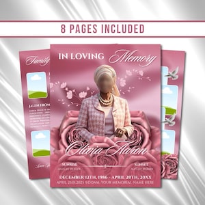 Pink Roses Funeral Pattern: 8-seitiges Trauerprogramm (Canva PDF)