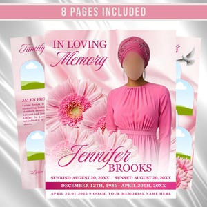 Könnte beinhalten: Eine Trauerprogramm-Vorlage mit rosafarbenem Satinhintergrund, großen rosa Gerbera-Blüten und einer gesichtslosen Figur in rosa Kopftuch und Kleid. Der Text enthält IN LOVING MEMORY, Jennifer BROOKS, Daten und 8 PAGES INCLUDED.
