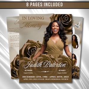 May include: A memorial card design featuring a woman in a gold dress, surrounded by gold roses. The text "In Loving Memory" and the name "Judith Paterson" are displayed. Includes dates and a church name. The words "8 pages included" are at the top.