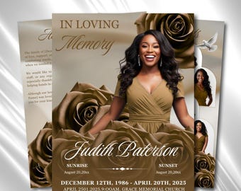 Royal Brown Roses Funeral Program Template: 8-Page Memorial (Canva PDF)