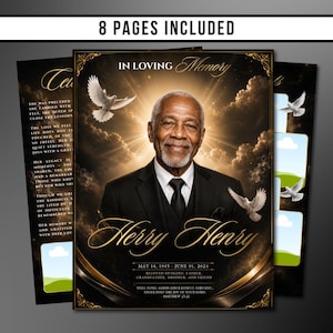 May include: A memorial announcement with a portrait of a smiling older Black man in a suit, with the text "In Loving Memory" and the name "Herry Henry." Includes doves and the text "8 Pages Included."