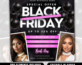 May include: Black Friday promotional graphic with black balloons and the text "BLACK FRIDAY" in large white letters. The graphic includes images of two women and the text "UP TO 50% OFF". The graphic also includes the text "Book Now".