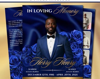 Blue & Gold Roses Funeral Program Template: 8-Page Memorial (Canva PDF)