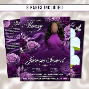 May include: A funeral program template featuring a deep purple theme with floral rose accents. The cover displays the text In Loving Memory, Jasmine Samuel, and dates. It includes a placeholder for a portrait, a dove graphic, and 8 pages total.