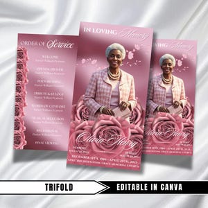 Può includere: Un programma di servizio commemorativo rosa a tre ante con una foto di donna, rose e testo. Il programma include le parole "Ordine del servizio", "In memoria affettuosa" e "Modificabile in Canva."