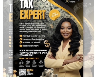 Puede incluir: Un folleto promocional para un experto fiscal con una mujer con un traje amarillo. El folleto incluye el texto "TAX EXPERT" en letras amarillas grandes, junto con información sobre servicios fiscales, un código QR y un número de teléfono.