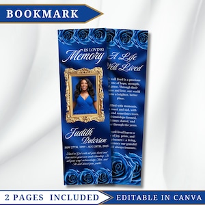 Pode incluir: Um marcador azul com um design floral e texto. O marcador apresenta uma foto em uma moldura dourada, as palavras "In Loving Memory" e uma citação. O texto inclui o nome Judith Paterson e datas.