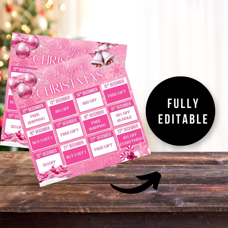 May include: Pink Christmas-themed flyer with the text "12 Days of Christmas." The flyer includes a grid of dates with various offers, such as discounts and free gifts. A black circle with "FULLY EDITABLE" is on the right.